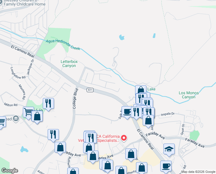 map of restaurants, bars, coffee shops, grocery stores, and more near 5543 Foxtail Loop in Carlsbad