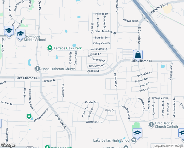 map of restaurants, bars, coffee shops, grocery stores, and more near 2303 Lake Sharon Drive in Corinth