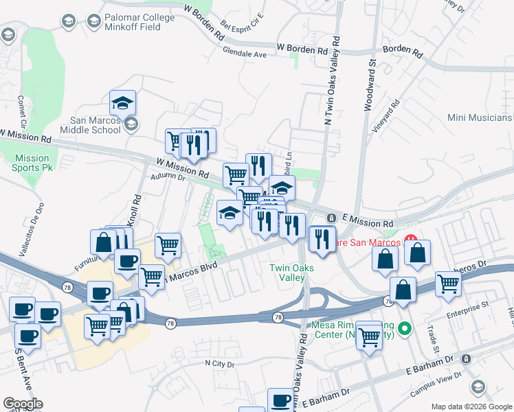 map of restaurants, bars, coffee shops, grocery stores, and more near 225 Autumn Drive in San Marcos