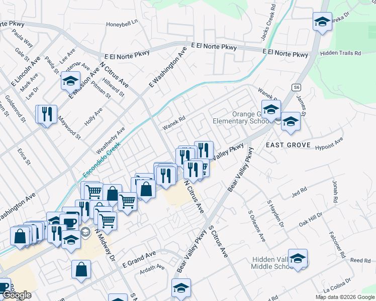 map of restaurants, bars, coffee shops, grocery stores, and more near 437 Hanford Glen in Escondido