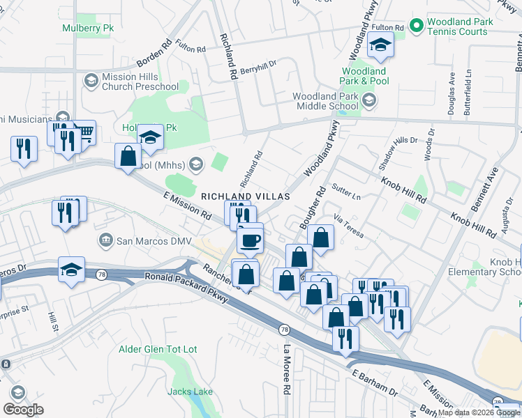 map of restaurants, bars, coffee shops, grocery stores, and more near 222 Woodland Parkway in San Marcos
