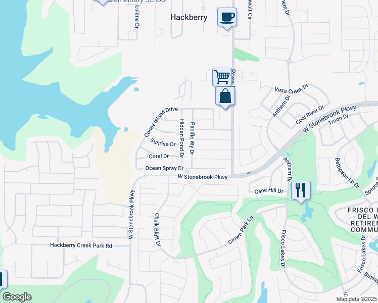 map of restaurants, bars, coffee shops, grocery stores, and more near 5009 Hidden Pond Drive in Frisco