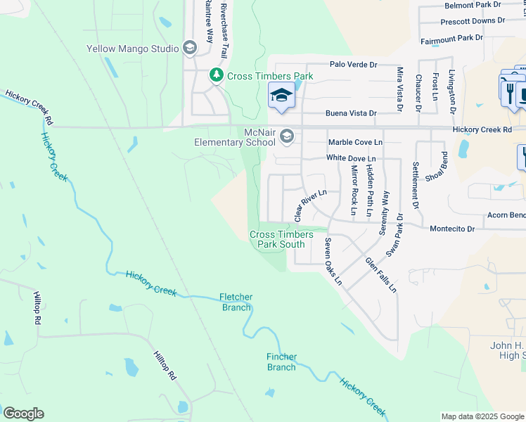 map of restaurants, bars, coffee shops, grocery stores, and more near 8200 Winding Stream Lane in Denton