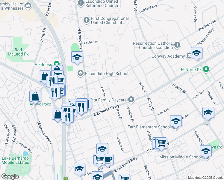map of restaurants, bars, coffee shops, grocery stores, and more near 1376 North Ivy Street in Escondido