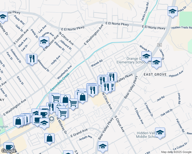 map of restaurants, bars, coffee shops, grocery stores, and more near in Escondido