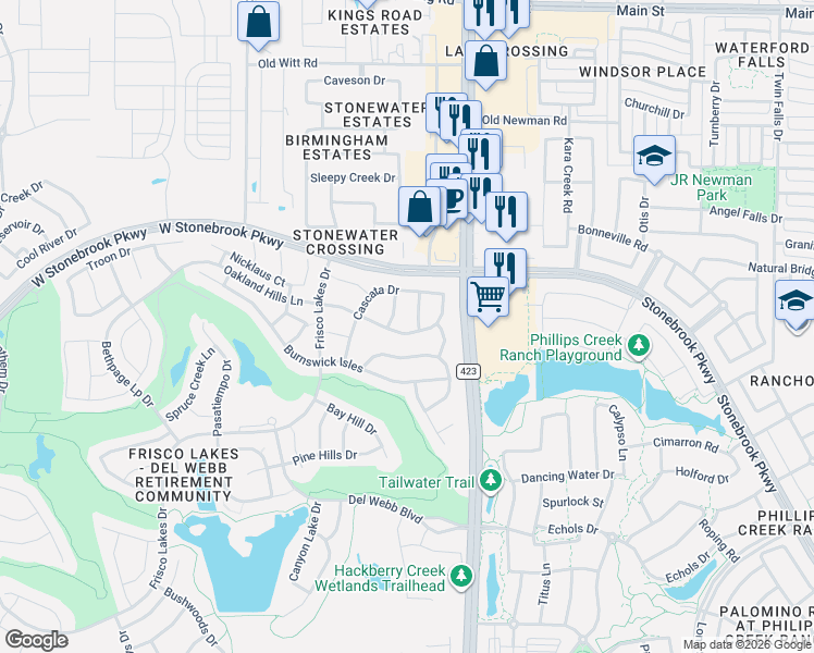 map of restaurants, bars, coffee shops, grocery stores, and more near 385 Oakland Hills Lane in Frisco
