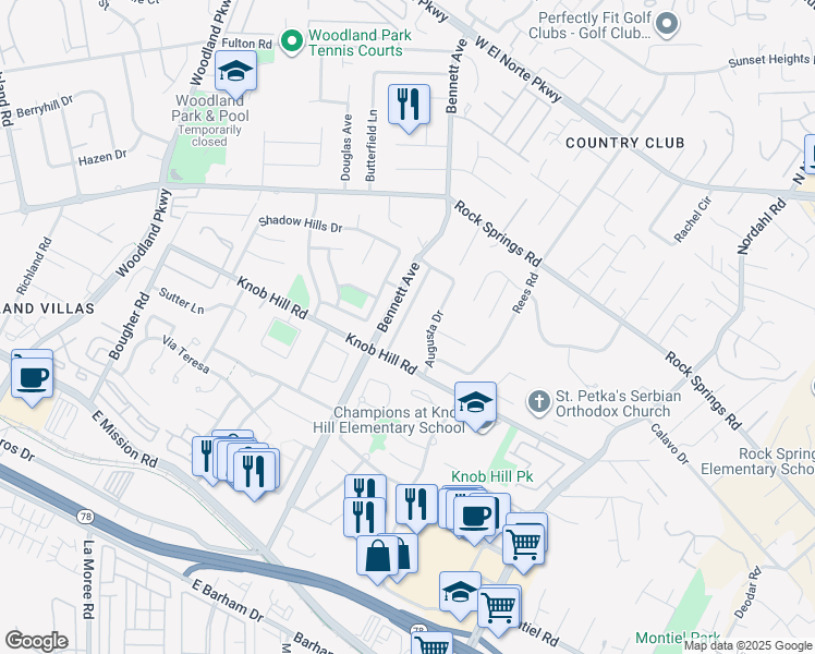 map of restaurants, bars, coffee shops, grocery stores, and more near 555 Tam O Shanter Drive in San Marcos