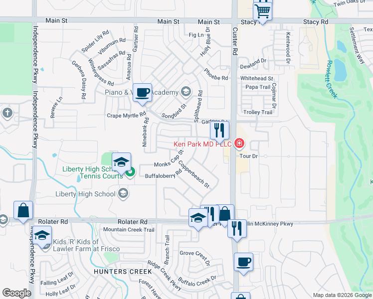 map of restaurants, bars, coffee shops, grocery stores, and more near 8024 Splitbeard Road in Frisco