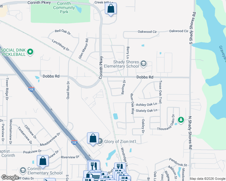 map of restaurants, bars, coffee shops, grocery stores, and more near 4301 Winnetka Road in Corinth