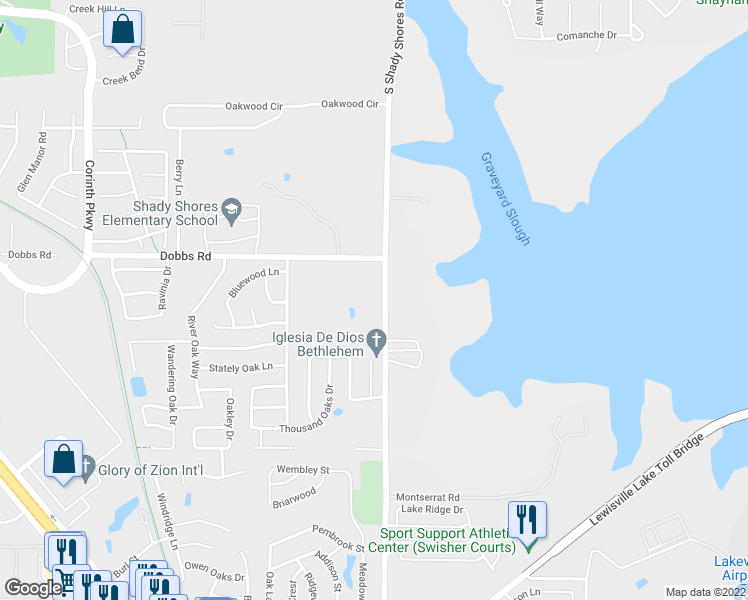 map of restaurants, bars, coffee shops, grocery stores, and more near 408 South Shady Shores Road in Shady Shores