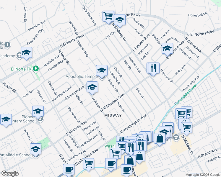 map of restaurants, bars, coffee shops, grocery stores, and more near 823 Begonia Street in Escondido