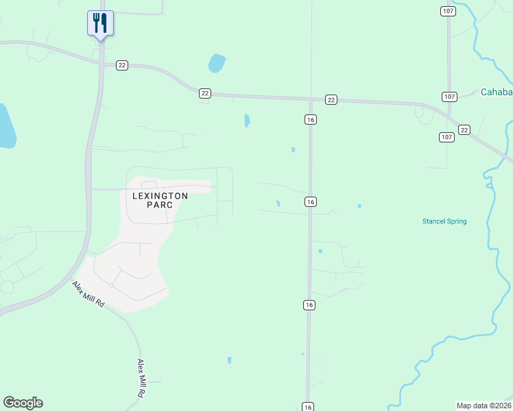 map of restaurants, bars, coffee shops, grocery stores, and more near 6201 County Road 16 in Montevallo