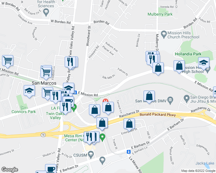 map of restaurants, bars, coffee shops, grocery stores, and more near 327 East Mission Road in San Marcos