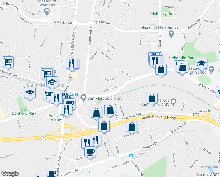 map of restaurants, bars, coffee shops, grocery stores, and more near 334 Mission Terrace Avenue in San Marcos