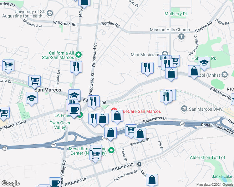 map of restaurants, bars, coffee shops, grocery stores, and more near 334 Mission Terrace Avenue in San Marcos