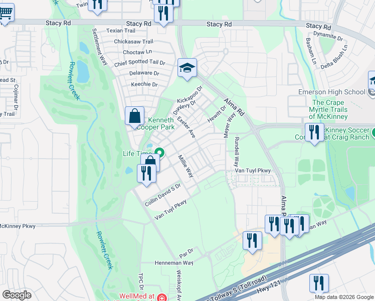 map of restaurants, bars, coffee shops, grocery stores, and more near 6113 Millie Way in McKinney