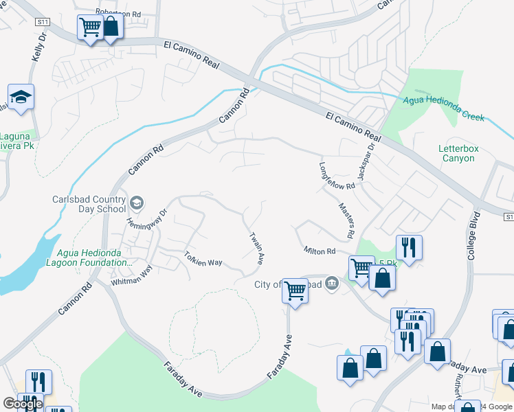 map of restaurants, bars, coffee shops, grocery stores, and more near 5250 Coleridge Court in Carlsbad