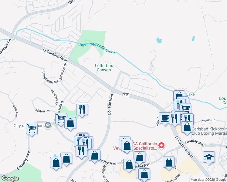 map of restaurants, bars, coffee shops, grocery stores, and more near El Camino Real in San Diego County