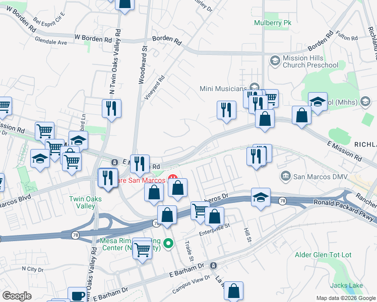 map of restaurants, bars, coffee shops, grocery stores, and more near 327 East Mission Road in San Marcos