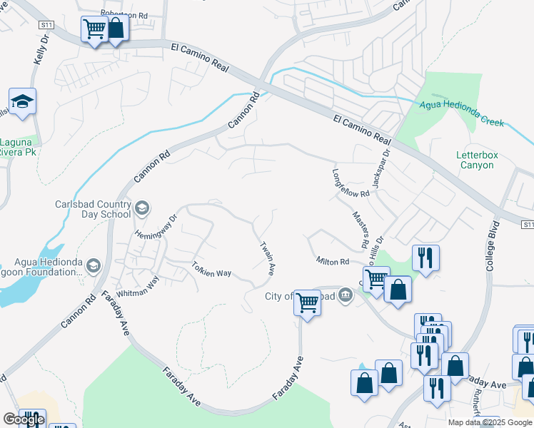 map of restaurants, bars, coffee shops, grocery stores, and more near 5250 Coleridge Court in Carlsbad