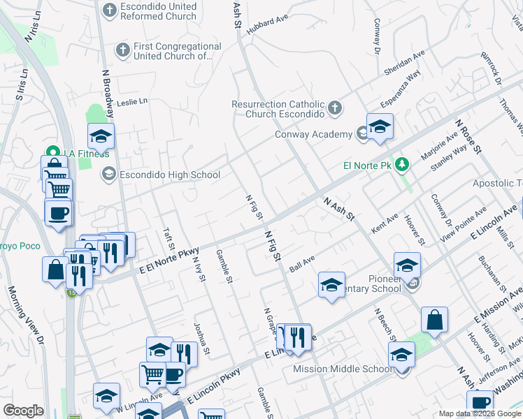 map of restaurants, bars, coffee shops, grocery stores, and more near 1330 North Fig Street in Escondido