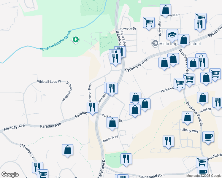 map of restaurants, bars, coffee shops, grocery stores, and more near 2244 Eastbrook Rd in Vista
