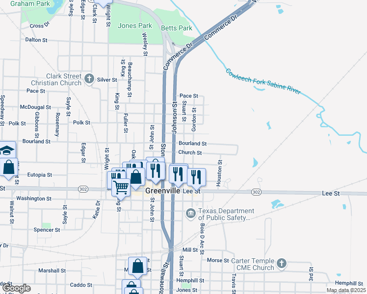 map of restaurants, bars, coffee shops, grocery stores, and more near 2311 Church Street in Greenville