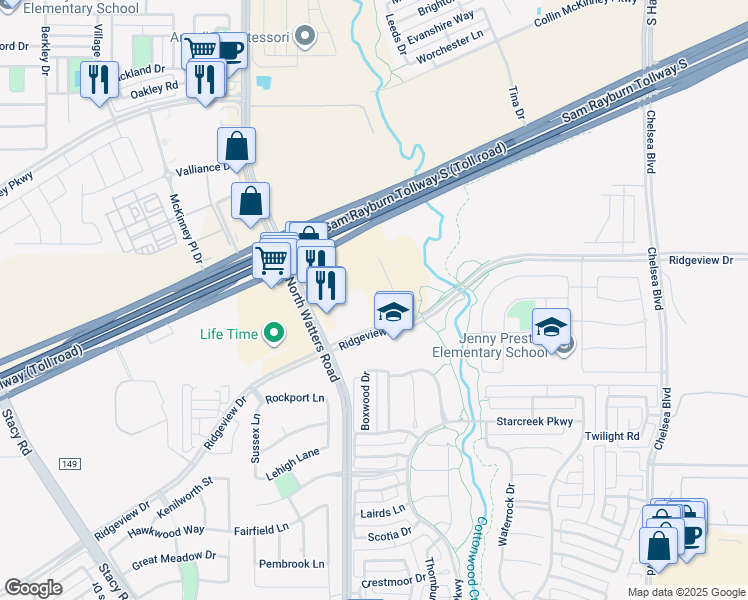 map of restaurants, bars, coffee shops, grocery stores, and more near 960 Ridgeview Drive in Allen