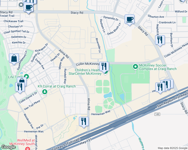map of restaurants, bars, coffee shops, grocery stores, and more near 6045 Stars Avenue in McKinney