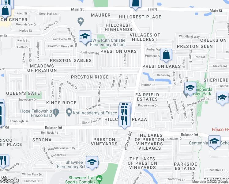 map of restaurants, bars, coffee shops, grocery stores, and more near 10761 Castle Drive in Frisco