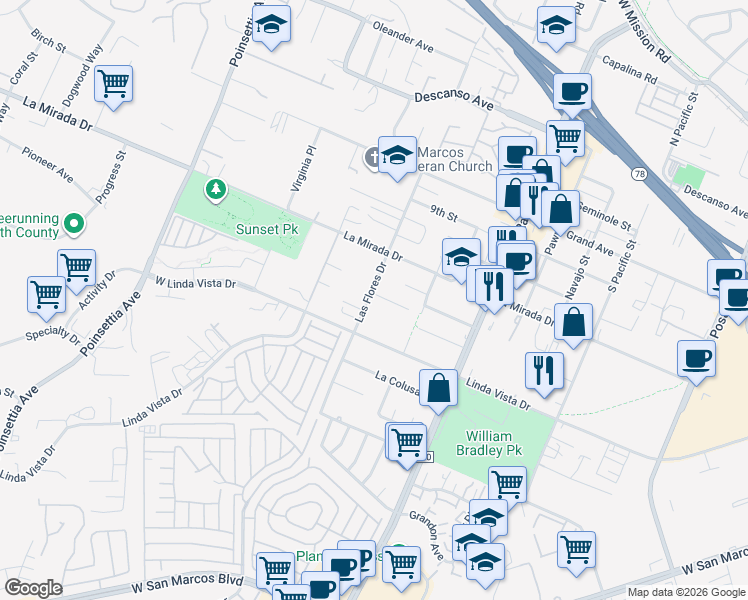 map of restaurants, bars, coffee shops, grocery stores, and more near 680 Las Flores Drive in San Marcos