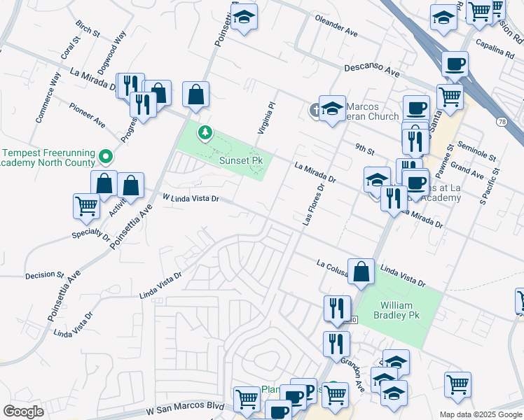 map of restaurants, bars, coffee shops, grocery stores, and more near 695 Tilley Lane in San Marcos