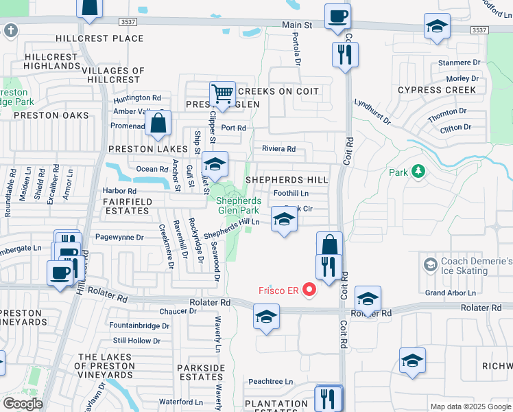 map of restaurants, bars, coffee shops, grocery stores, and more near 7780 Highpoint Ridge in Frisco