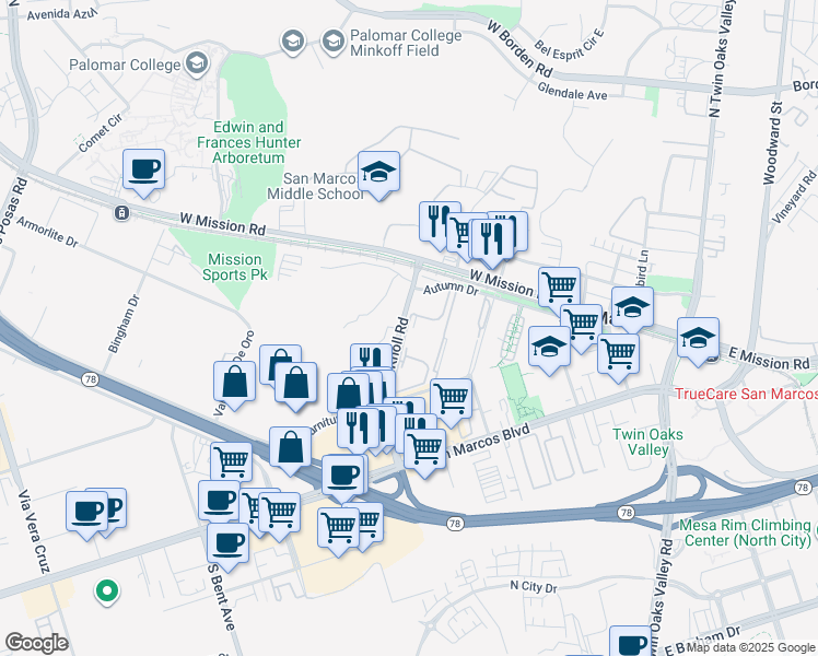 map of restaurants, bars, coffee shops, grocery stores, and more near 245 Knoll Road in San Marcos
