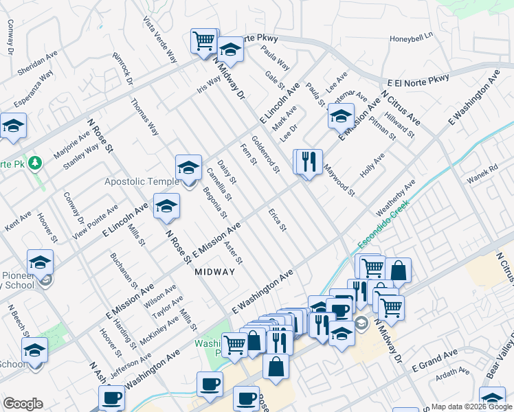 map of restaurants, bars, coffee shops, grocery stores, and more near 804 Daisy Street in Escondido