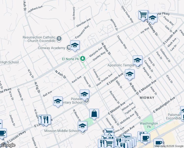map of restaurants, bars, coffee shops, grocery stores, and more near 1140 Harding Street in Escondido