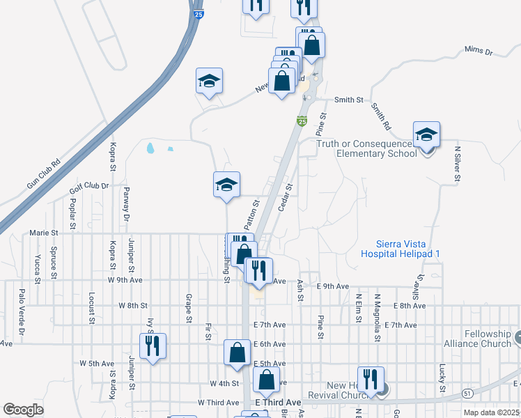 map of restaurants, bars, coffee shops, grocery stores, and more near 1201-1399 Patton St in Truth or Consequences