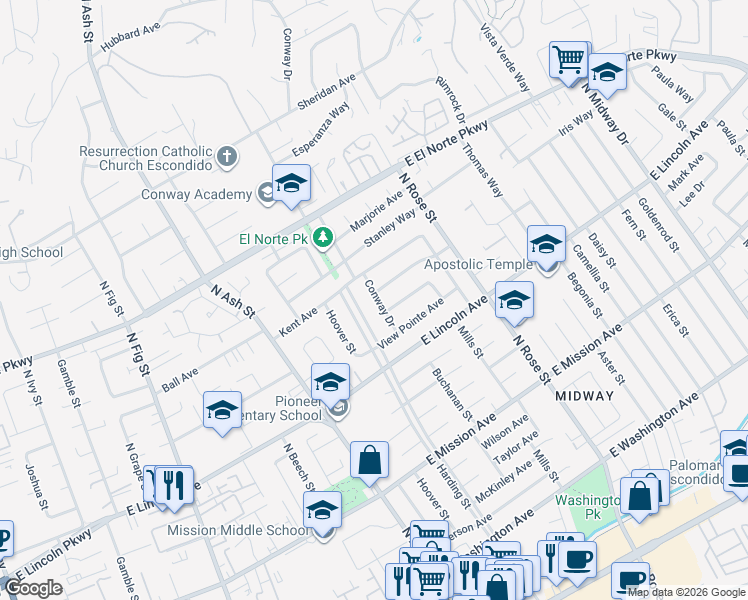 map of restaurants, bars, coffee shops, grocery stores, and more near 1053 Conway Drive in Escondido