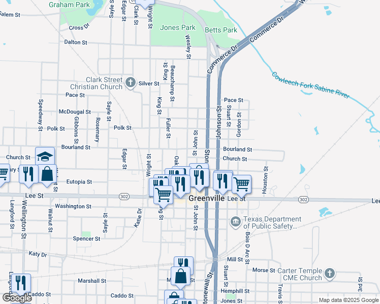 map of restaurants, bars, coffee shops, grocery stores, and more near 2103 Saint John Street in Greenville