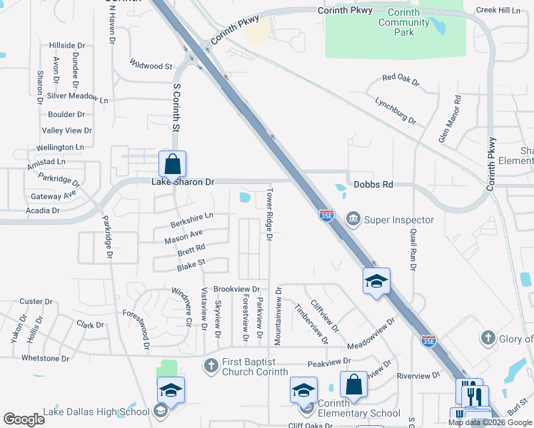 map of restaurants, bars, coffee shops, grocery stores, and more near 2560 Tower Ridge Drive in Corinth
