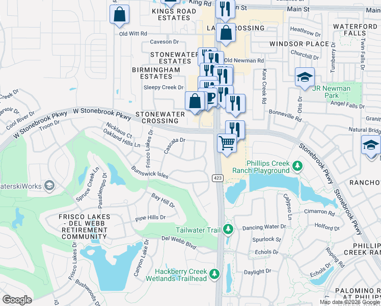 map of restaurants, bars, coffee shops, grocery stores, and more near 277 Oakland Hills Lane in Frisco
