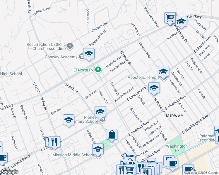 map of restaurants, bars, coffee shops, grocery stores, and more near 1140 Harding Street in Escondido