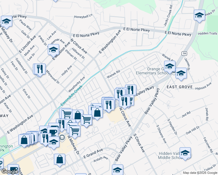 map of restaurants, bars, coffee shops, grocery stores, and more near 437 Nantucket Glen in Escondido