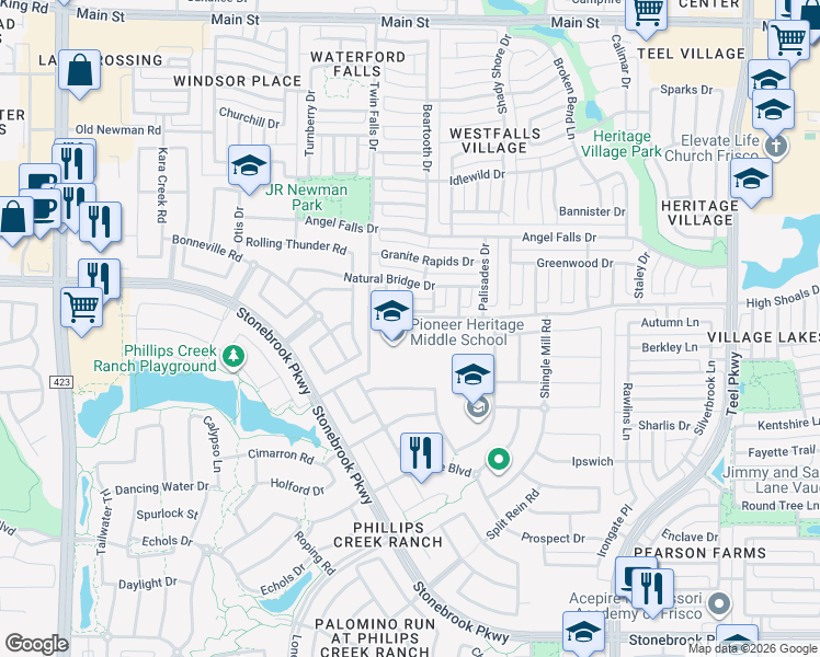map of restaurants, bars, coffee shops, grocery stores, and more near 1649 High Shoals Drive in Frisco