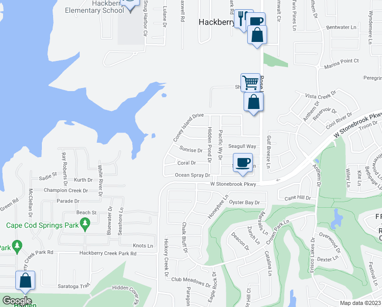map of restaurants, bars, coffee shops, grocery stores, and more near 12412 Sunrise Drive in Frisco