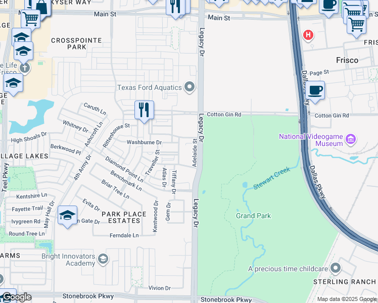 map of restaurants, bars, coffee shops, grocery stores, and more near 7777 Adelaide Street in Frisco