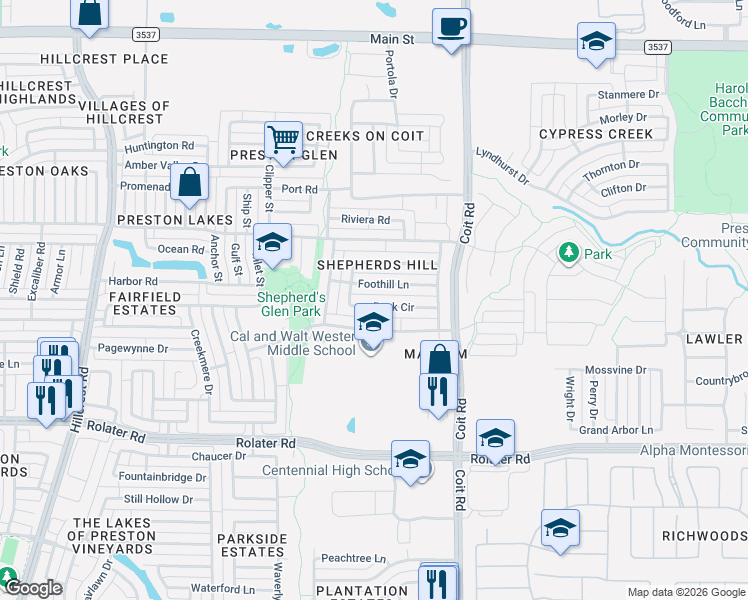 map of restaurants, bars, coffee shops, grocery stores, and more near 12306 Shepherds Hill Lane in Frisco