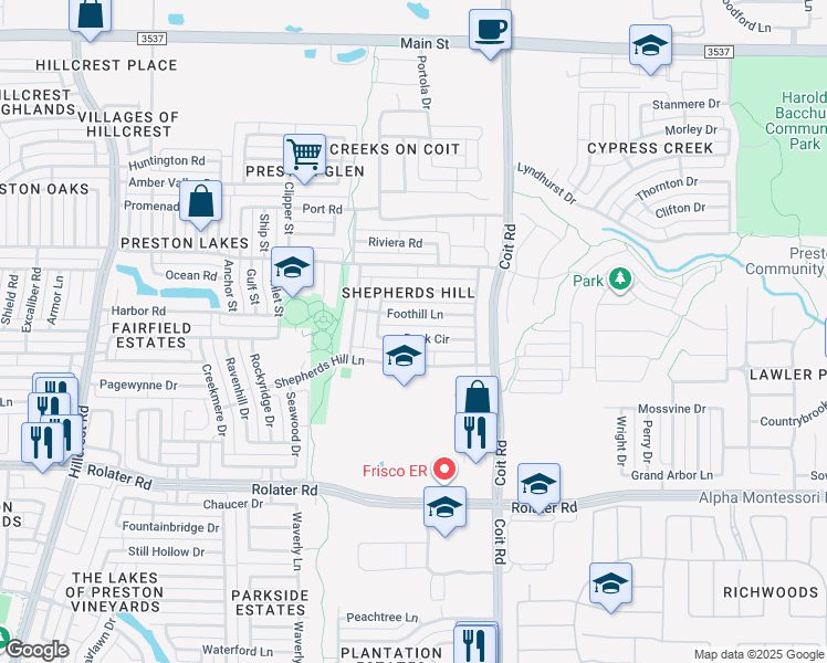 map of restaurants, bars, coffee shops, grocery stores, and more near 12286 Peak Circle in Frisco