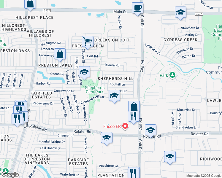 map of restaurants, bars, coffee shops, grocery stores, and more near 12174 Shepherds Hill Lane in Frisco
