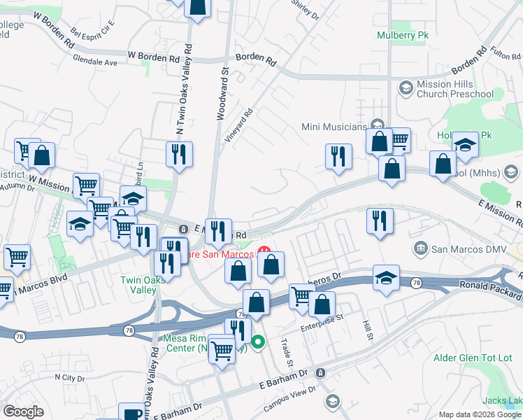 map of restaurants, bars, coffee shops, grocery stores, and more near 336 Mission Terrace Avenue in San Marcos